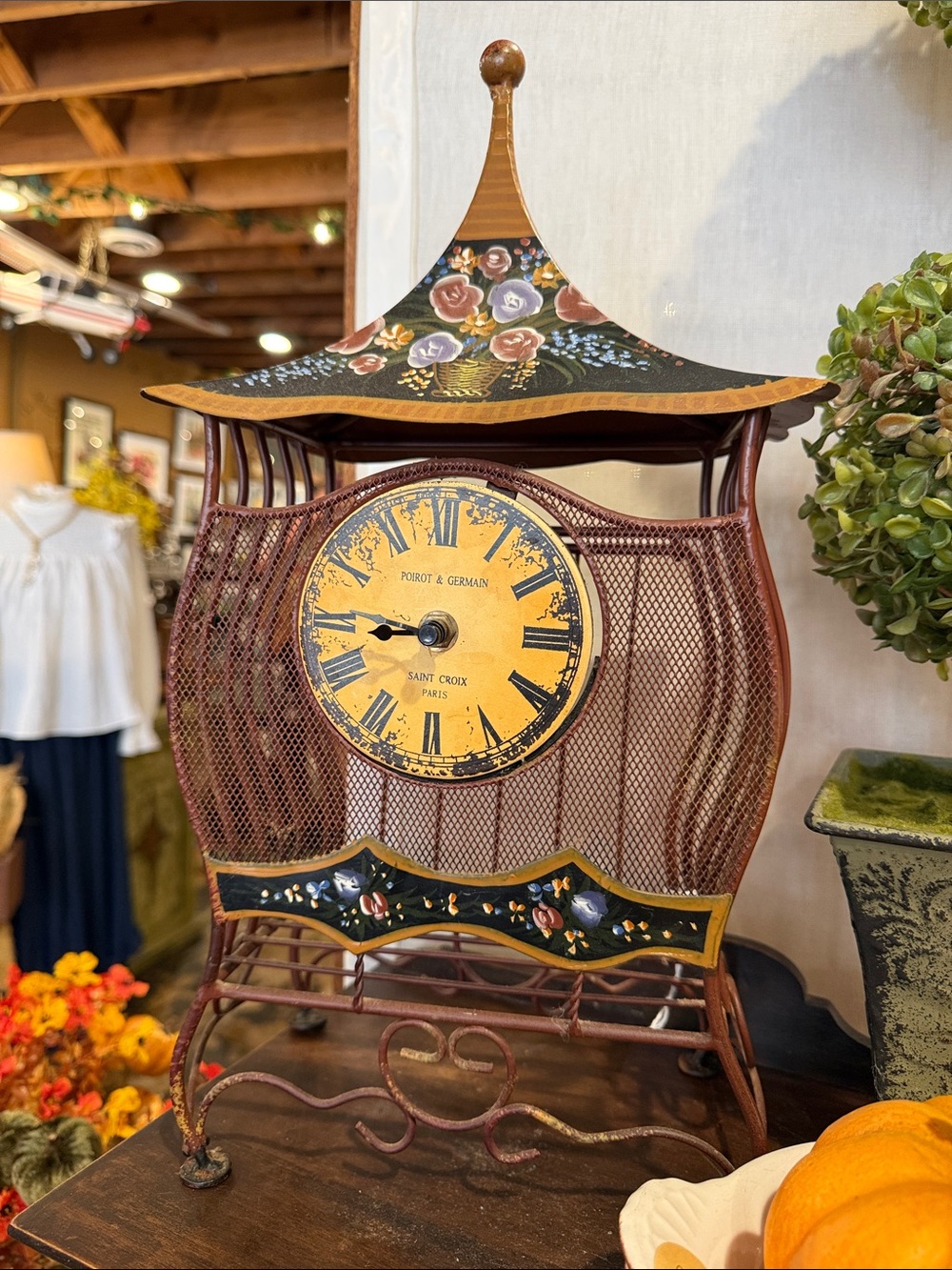 Decorative Floral Pagoda Table Clock in Brown and Yellow